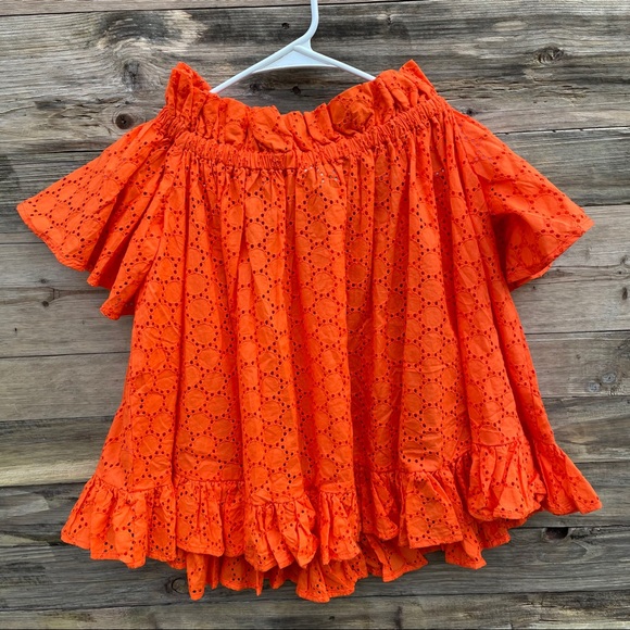 ASOS Orange Eyelet Off The Shoulder Ruffle Top - Picture 7 of 9